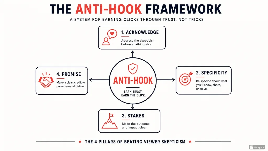 The Anti-Hook Framework: a system for earning clicks through trust, not tricks — showing four pillars: Acknowledge, Specificity, Stakes, Promise.