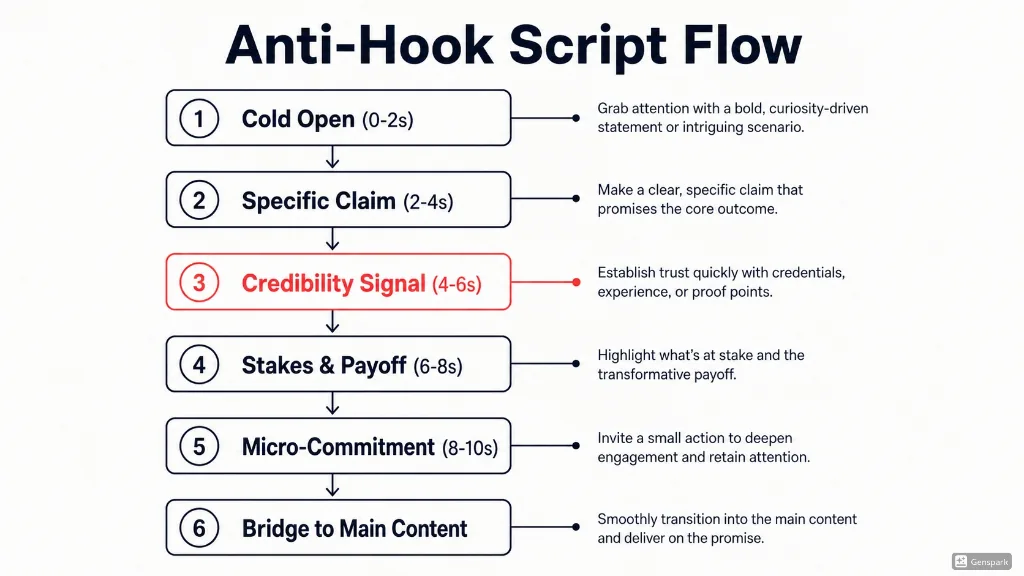 Anti-Hook script flow diagram: 1) Cold Open (0-2s), 2) Specific Claim (2-4s), 3) Credibility Signal (4-6s), 4) Stakes & Payoff (6-8s), 5) Micro-Commitment (8-10s), 6) Bridge to Main Content.