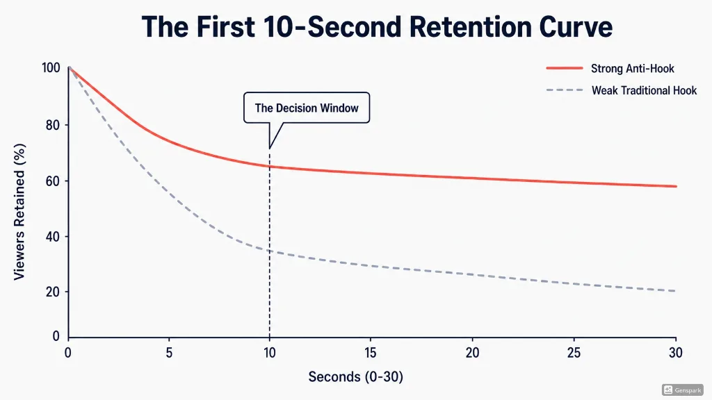 Line chart of viewer retention over the first 30 seconds, comparing a strong Anti-Hook opening (retains ~65% at 10s, ~60% at 30s) with a weak traditional hook (retains ~34% at 10s, ~20% at 30s). A dashed vertical line at 10 seconds is labeled 'The Decision Window'.