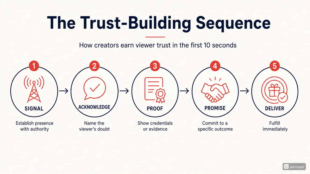 The trust-building sequence: five steps — Signal, Acknowledge, Proof, Promise, Deliver — showing how creators earn viewer trust in the first ten seconds.