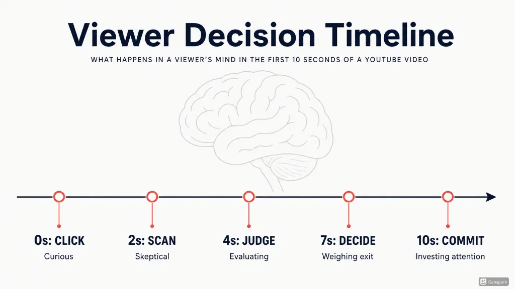 Viewer decision timeline showing what happens in a viewer's mind in the first 10 seconds: 0s click (curious), 2s scan (skeptical), 4s judge (evaluating), 7s decide (weighing exit), 10s commit (investing attention).