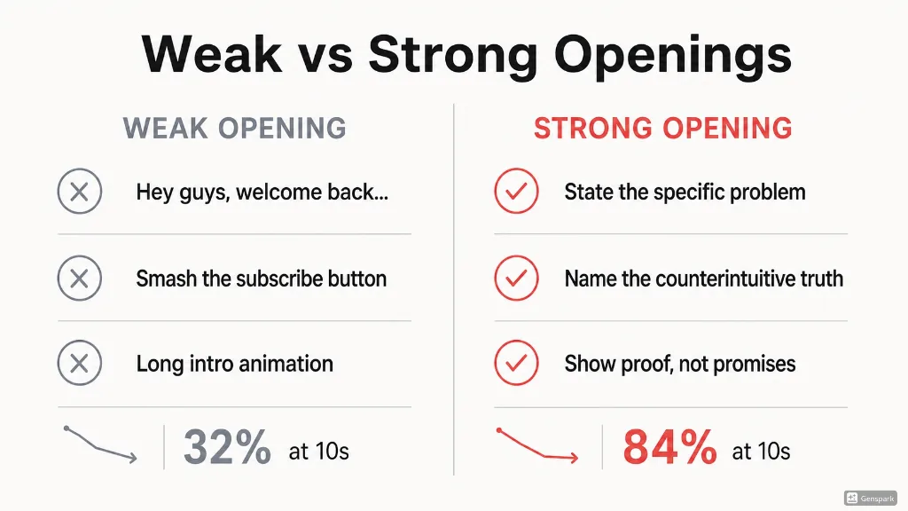 Weak vs strong openings comparison: weak openings use 'Hey guys, welcome back', 'Smash the subscribe button', and long intro animations and retain about 32% at 10s. Strong openings state the specific problem, name the counterintuitive truth, and show proof, retaining about 84% at 10s.
