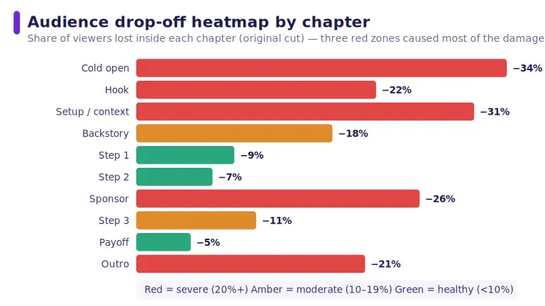 Horizontal bar heatmap showing the percentage of viewers lost in each video chapter: cold open minus 34 percent, hook minus 22 percent, setup minus 31 percent, sponsor minus 26 percent, while the three instructional steps lose under 11 percent each
