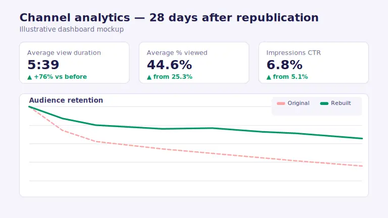 Mockup of a YouTube analytics dashboard 28 days after republication showing average view duration 5:39 up 76 percent, average percentage viewed 44.6 percent up from 25.3, and click-through rate 6.8 percent up from 5.1