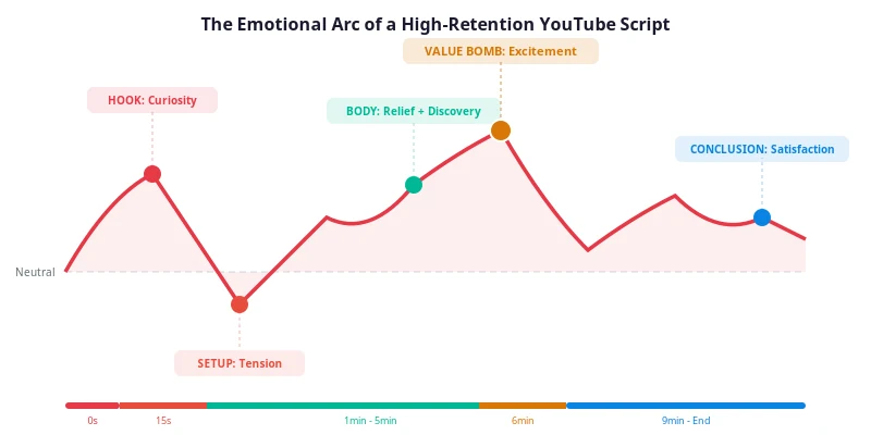 Diagram showing the emotional arc of a YouTube script with peaks and valleys: curiosity at the hook, tension during the problem, relief during the solution, excitement at the value bomb, and satisfaction at the resolution