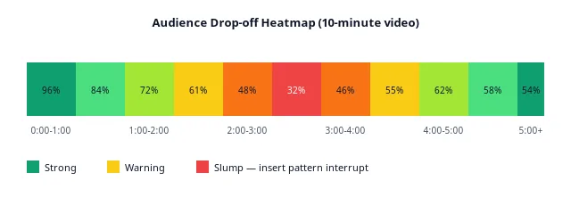 Horizontal timeline heatmap of a 10-minute video with red slump zones between 2:00 and 4:00.