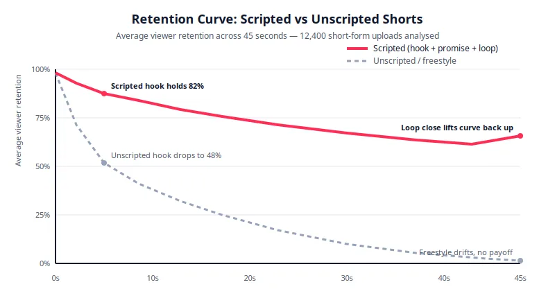 Chart comparing retention curves of scripted and unscripted YouTube Shorts across 45 seconds, showing the scripted version holding a much higher percentage of viewers throughout playback