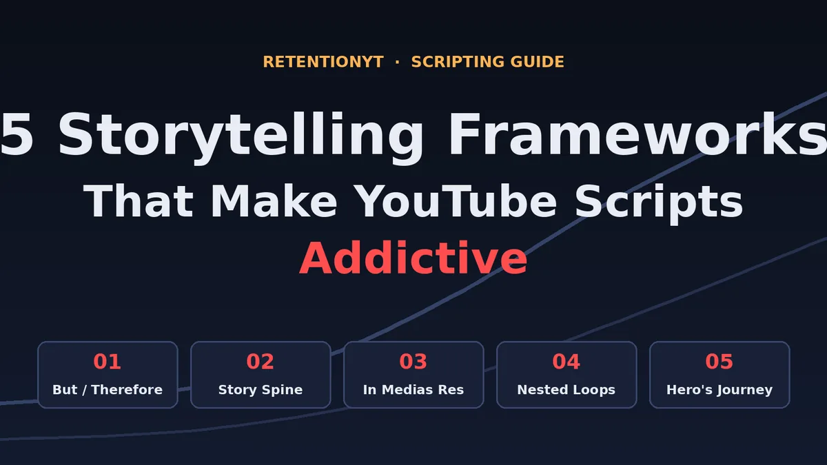 Title graphic listing the five storytelling frameworks for YouTube scripts: But/Therefore, Story Spine, In Medias Res, Nested Loops, and the Hero's Journey