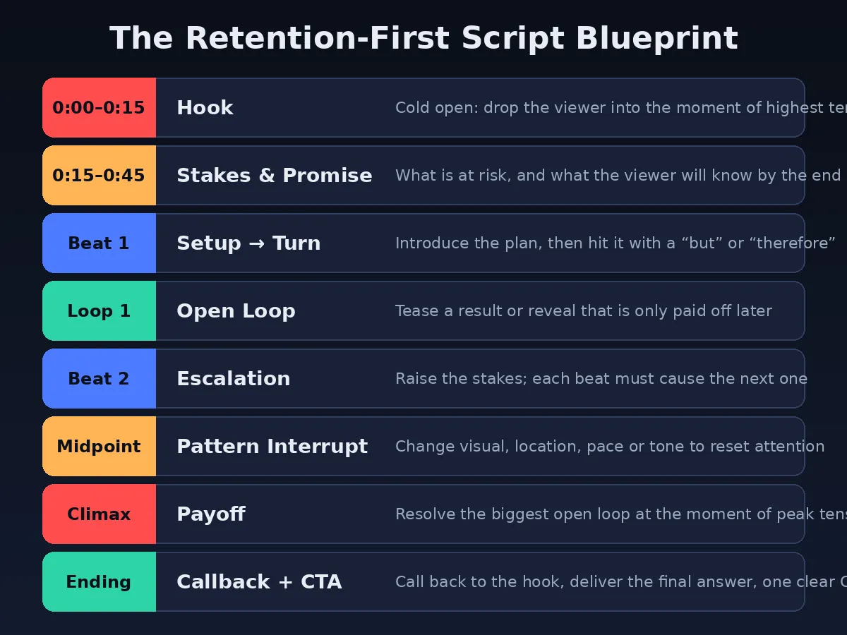 The retention-first script blueprint: eight color-coded blocks from the cold-open hook through stakes and promise, escalating beats, an open loop, a midpoint pattern interrupt, the climax payoff, and the callback ending