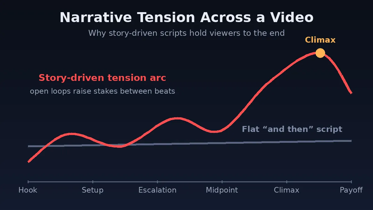 Story arc visualization comparing a flat 'and then' script, which stays level, against a story-driven tension arc that rises through hook, setup, escalation, and midpoint to a climax before the payoff